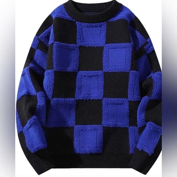 SWEATER  THICK‎ WARM KNITTED 100% WOOL BLUE & BLACK SIZE M - Picture 2 of 10